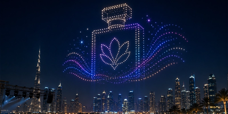 Branded drone formation displaying a logo in the night sky