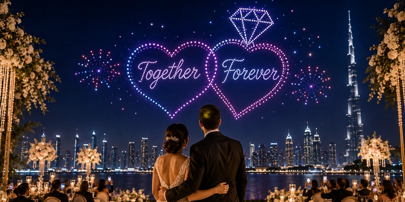 Couple watching drone show entertainment at their wedding reception