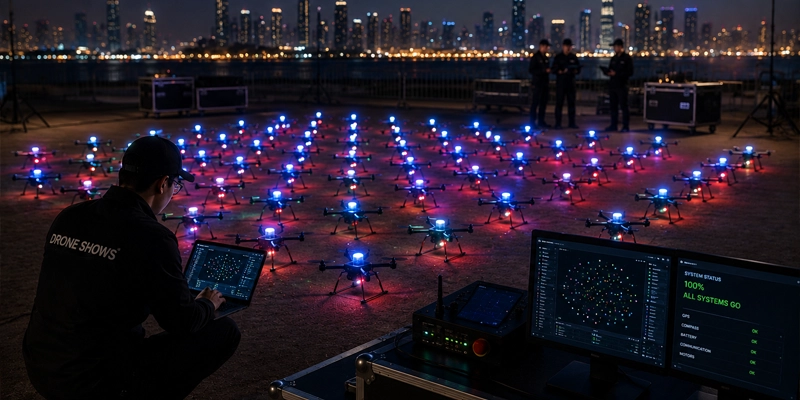 Synchronized drone formation lighting up for checking