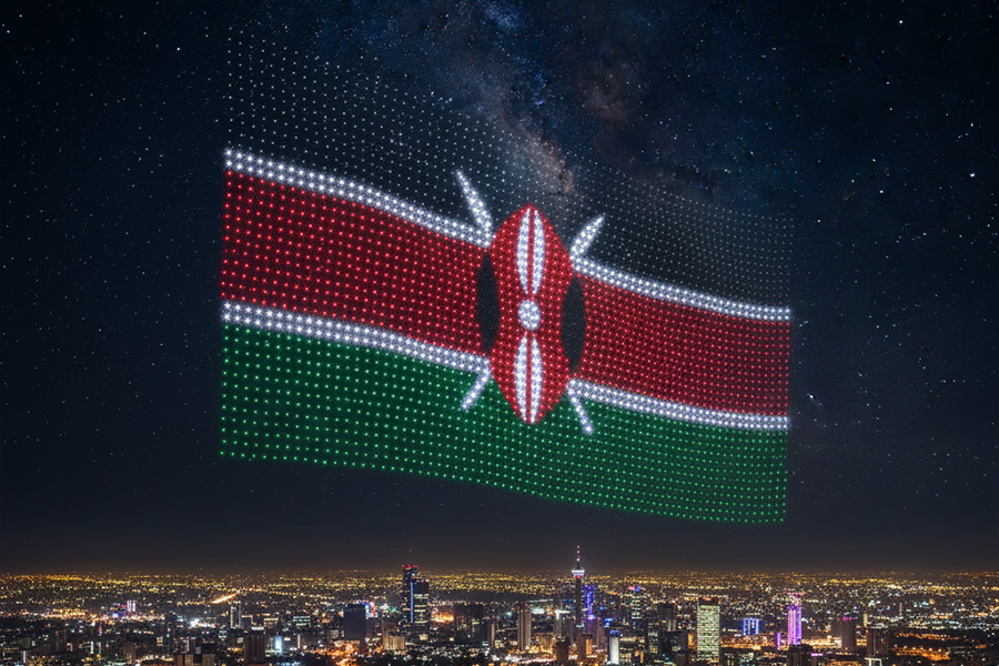 Drone light show over African landscape